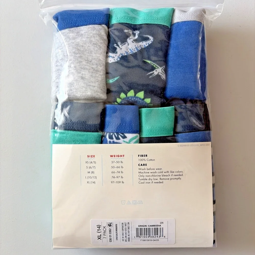 Cat & Jack Boys Tagless Cotton Brief Underwear 7-Pack XL (14) Dinosaurs